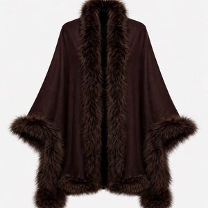 Cashmere Silk Fox Fur-Trimmed Women's shawl wrap cape - caffe noir